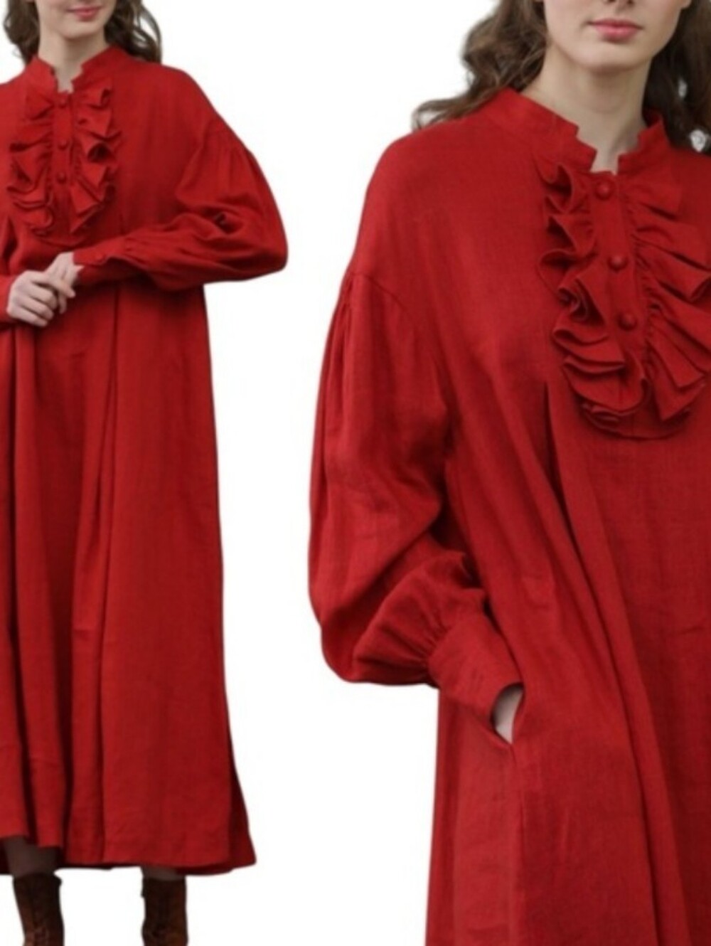 LINENNAIVE Long Sleeve Linen Ruffle Maxi Dress